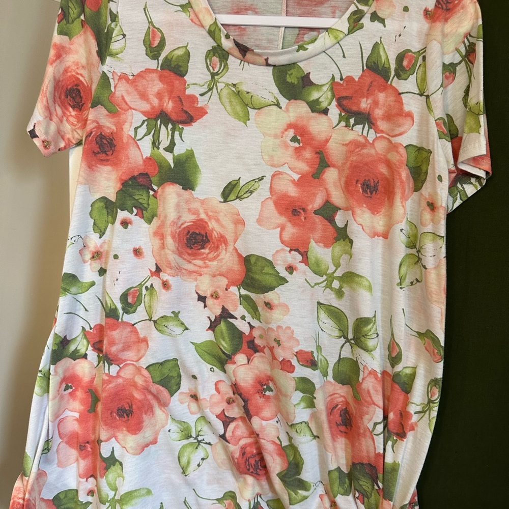 Watercolor Rose Floral Tee – Coral & Sage on Ivory Cottagecore